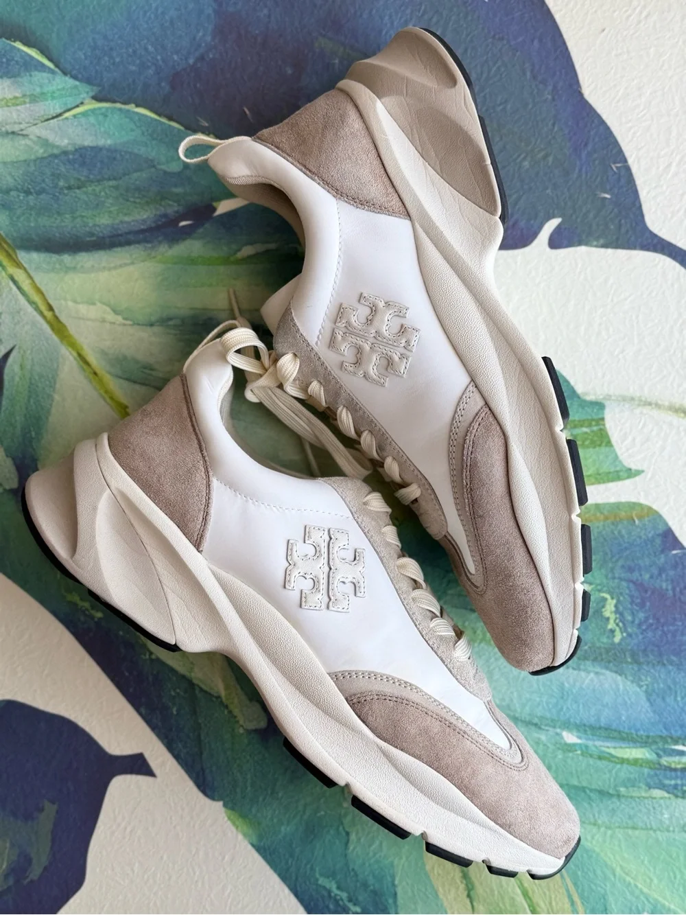 Tory Burch Cream & Taupe Suede Leather Platform Sneakers